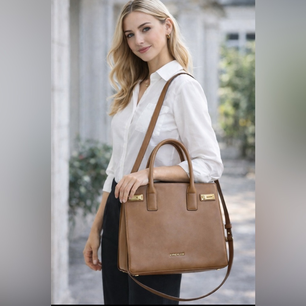 Anne Klein Tan Structured Tote Crossbody Bag Gold Hardware